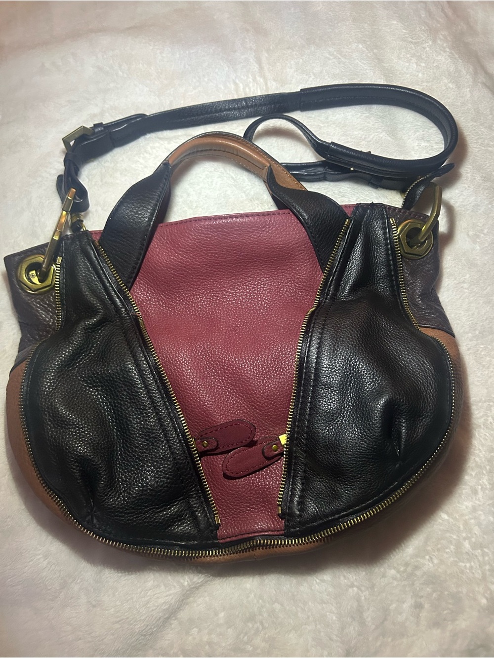 orYANY Two-Tone Leather Shoulder Bag - Black & Burgundy